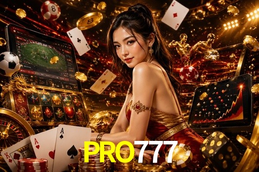 Una escena digital vívida inspirada en casino con PRO777 mostrado prominentemente, luces brillantes, fichas, cartas y acentos dorados.