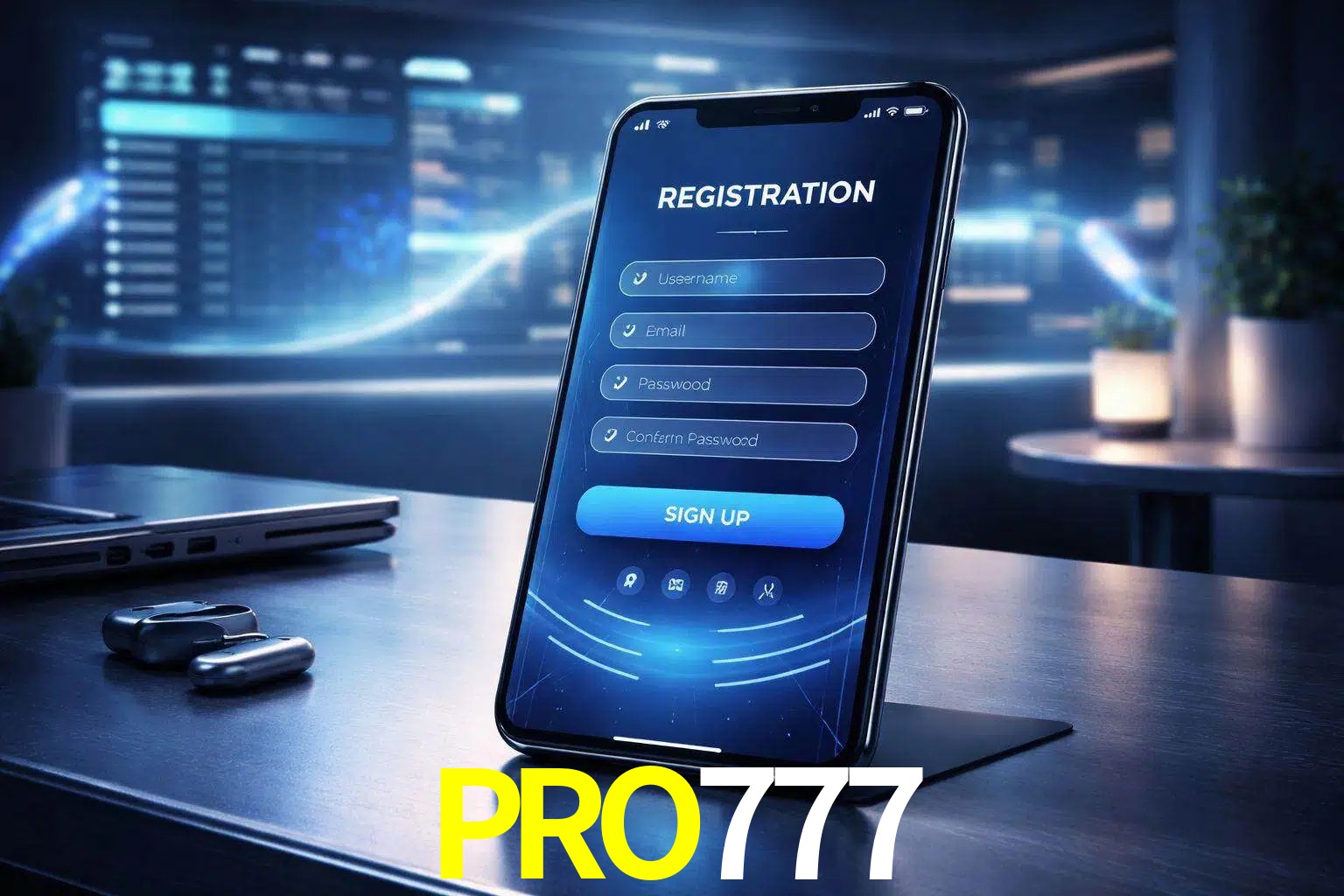 Una interfaz moderna de registro móvil para PRO777 mostrada en un smartphone con un panel de apuestas elegante.